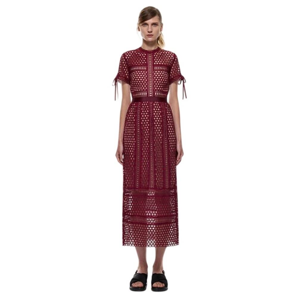 Self-Portrait Burgundy Lace Column Short Sleeve Midi Dress Women's Size Small